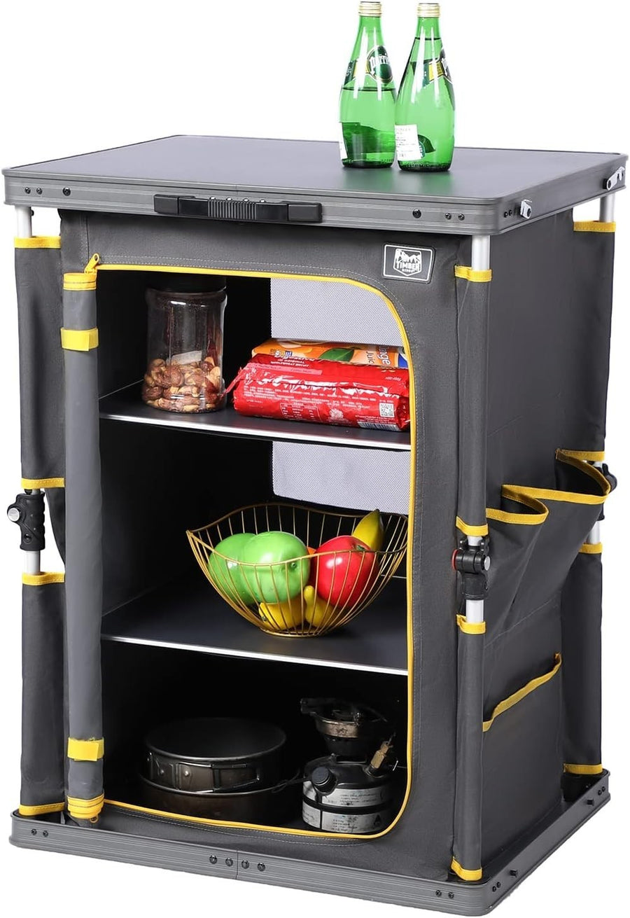 Folding Camping Kitchen Unit 3 Shelf Cupboard Outdoor Storage 30kg