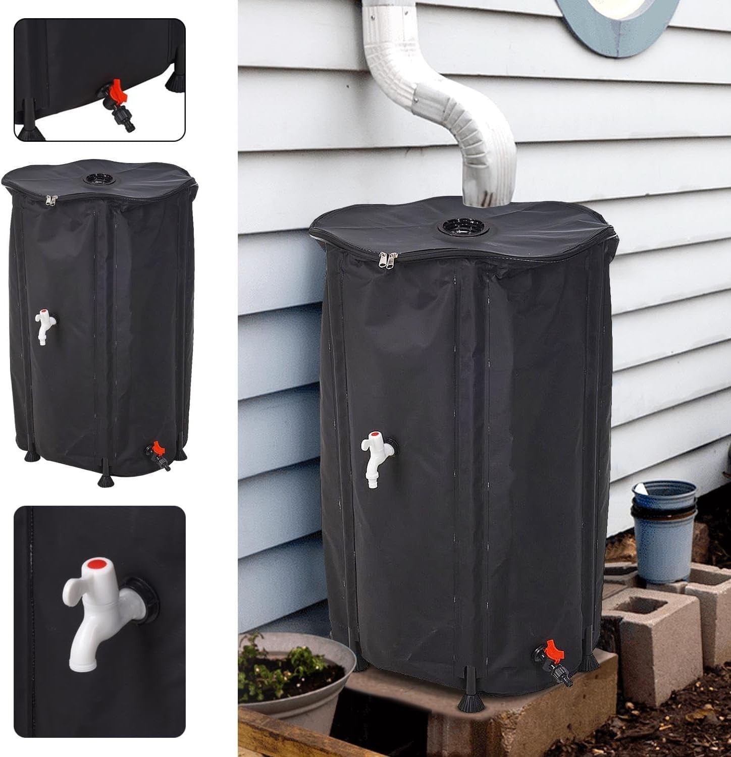 250L Collapsible Water Butt Kit with Tap, Hose Connector & Lid for Garden