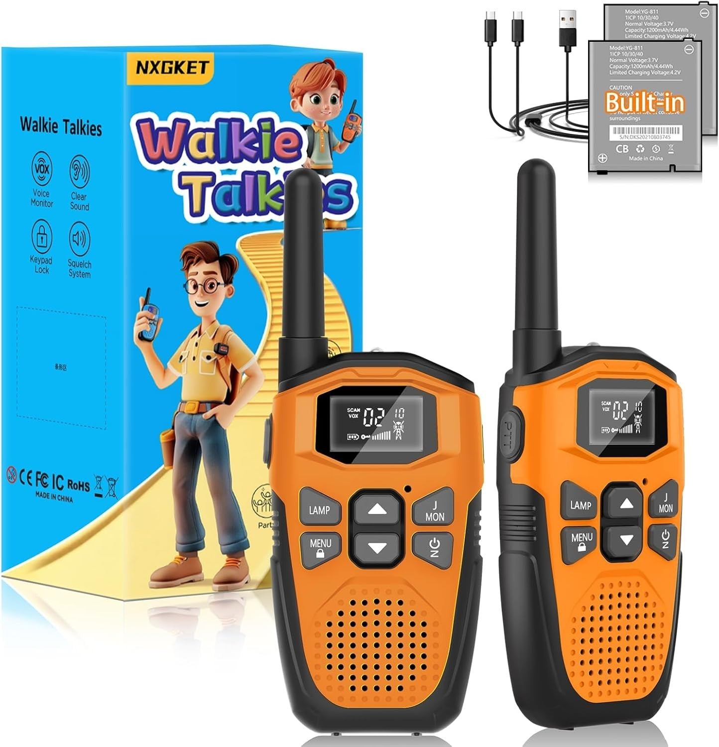Long Range Walkie Talkies Rechargeable 2 Pack VOX 16 Channel USB-C