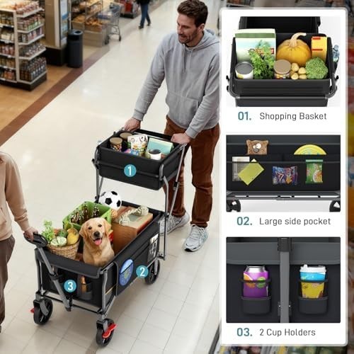 Heavy Duty Foldable Festival Trolley Push & Pull Wagon with Basket