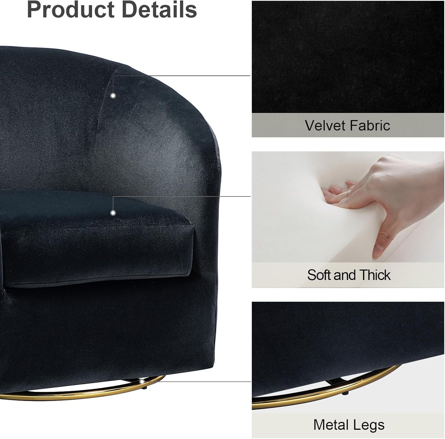 Luxury Black Velvet Swivel Accent Chair with Gold Metal Base