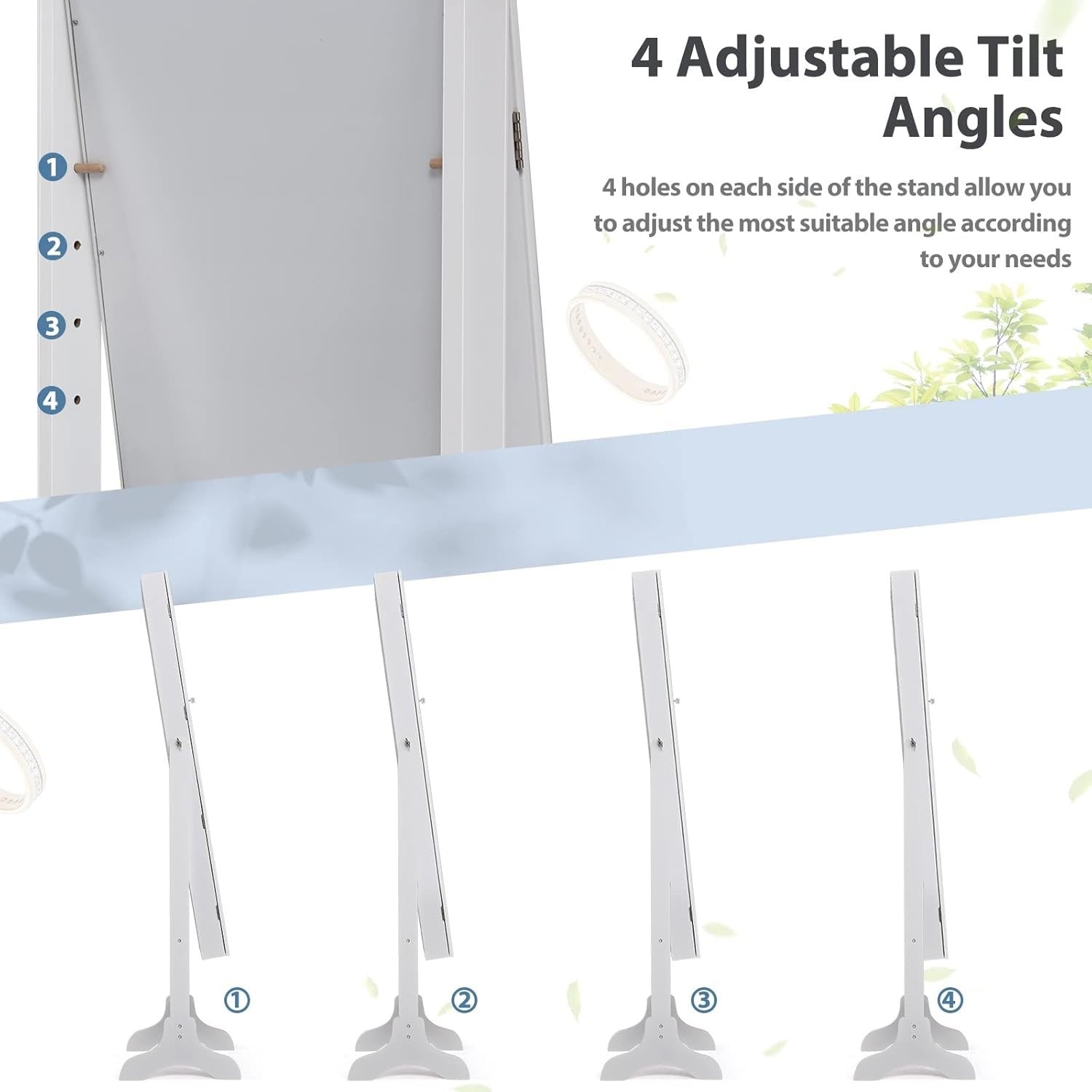 White Standing Jewelry Organizer Mirror Lockable Armoire Adjustable Angle