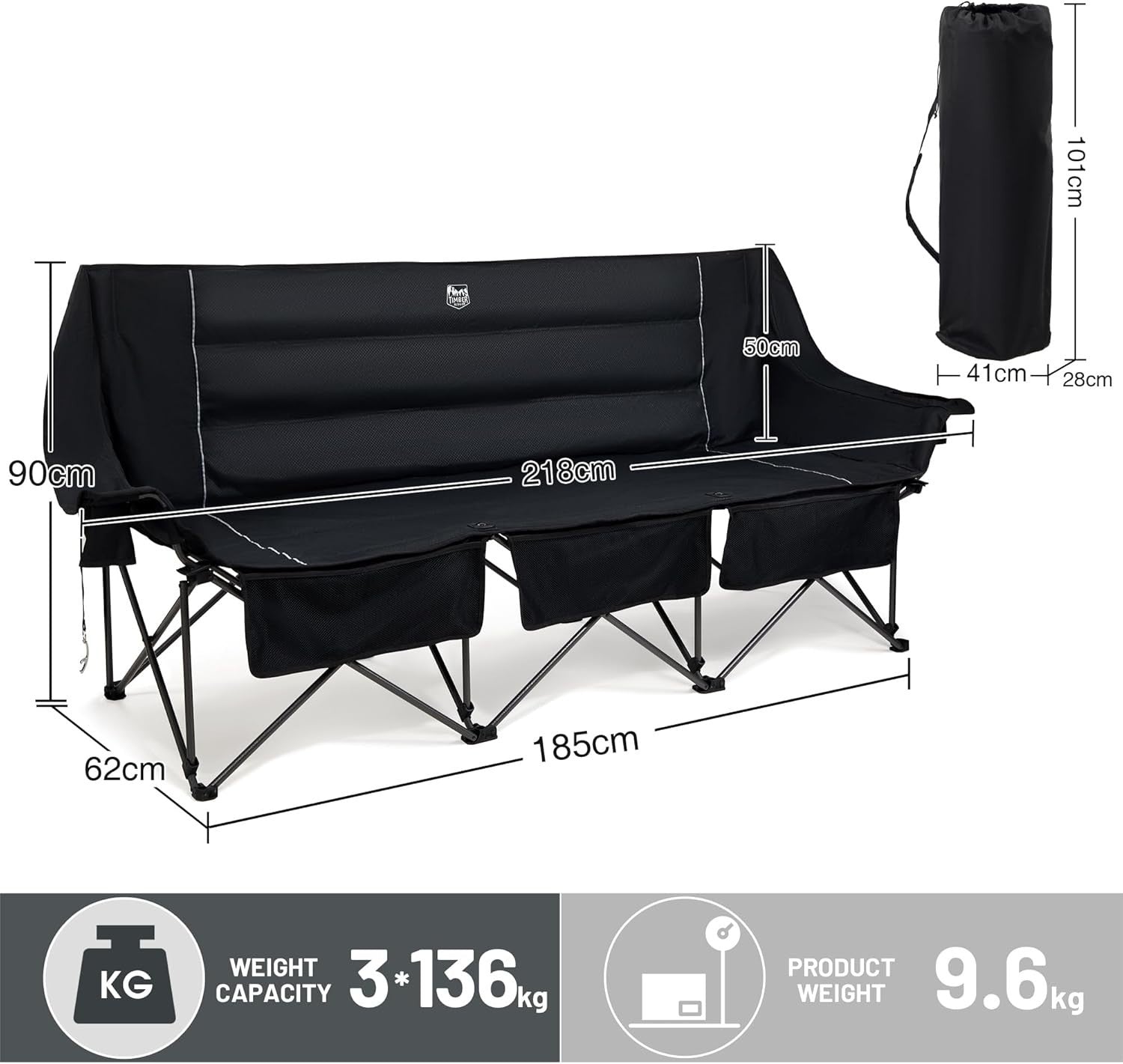 Heavy Duty 3-Seater Folding Camping Chair with Cup Holders & Bottle Opener