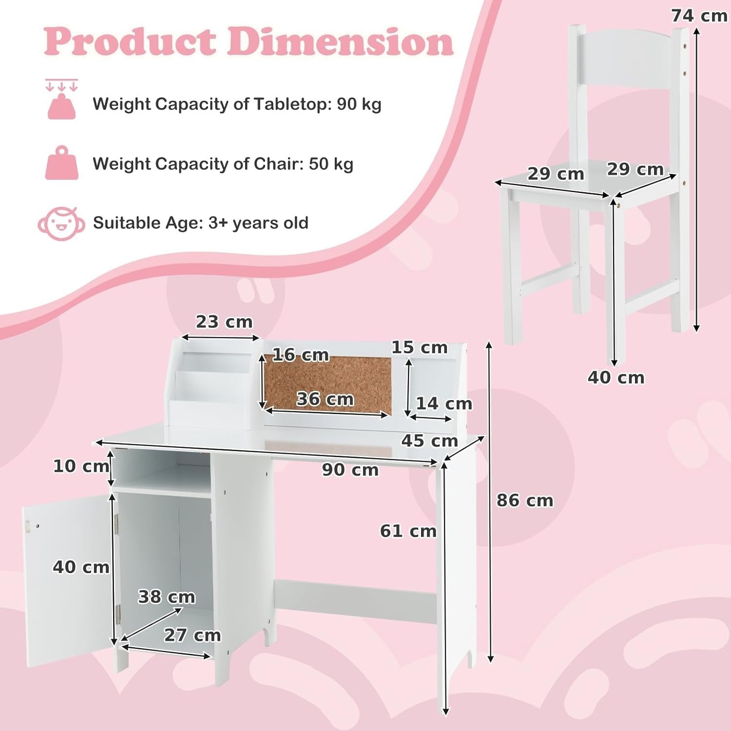 Kids Wooden Study Desk and Chair Set with Storage Whiteboard White
