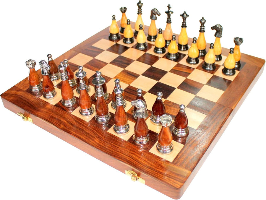 14" Wooden Folding Chess Set Brass & Wood Pieces Handcrafted Travel Board Game