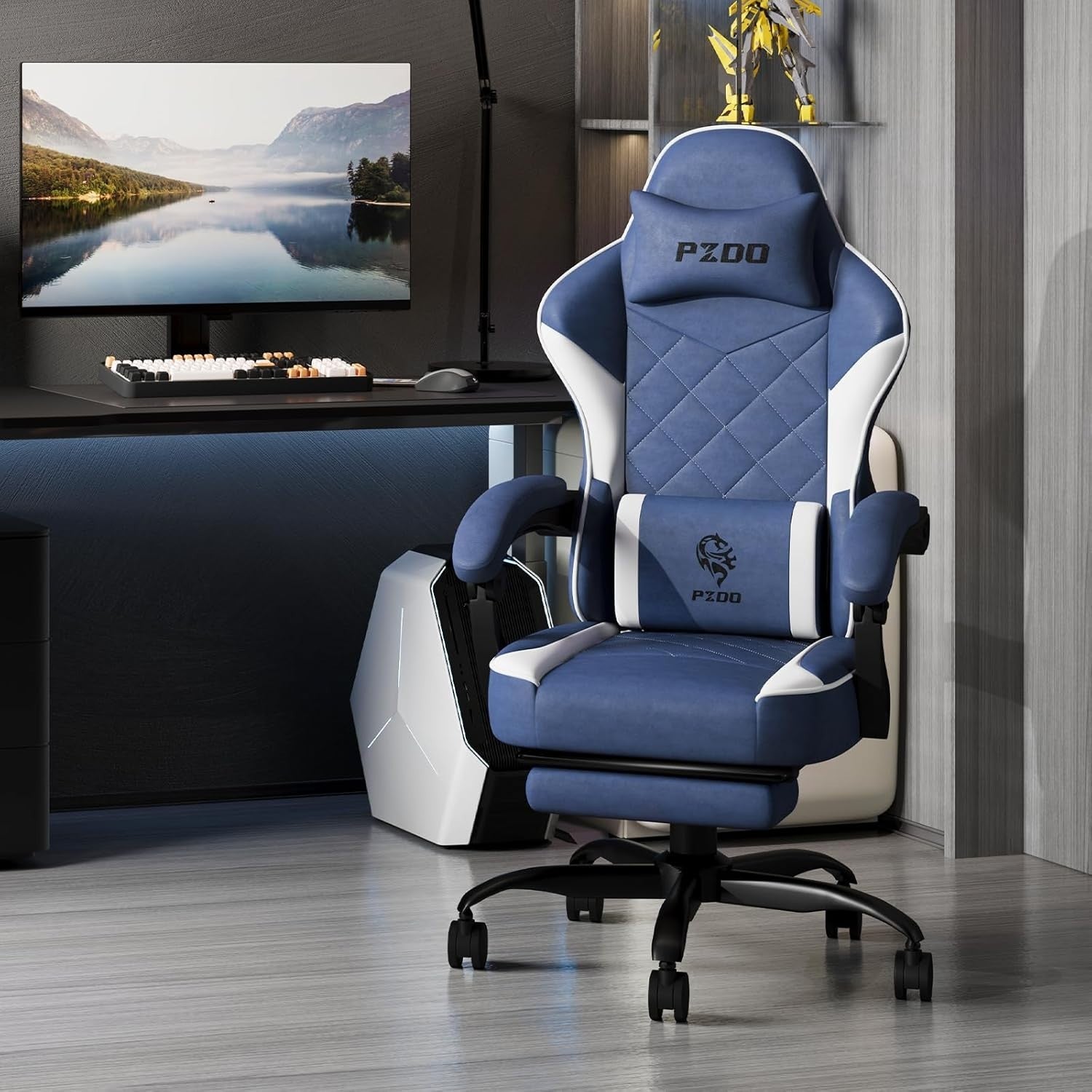 Ergonomic Gaming Chair Wide Seat Reclining Footrest Memory Foam Blue Adults