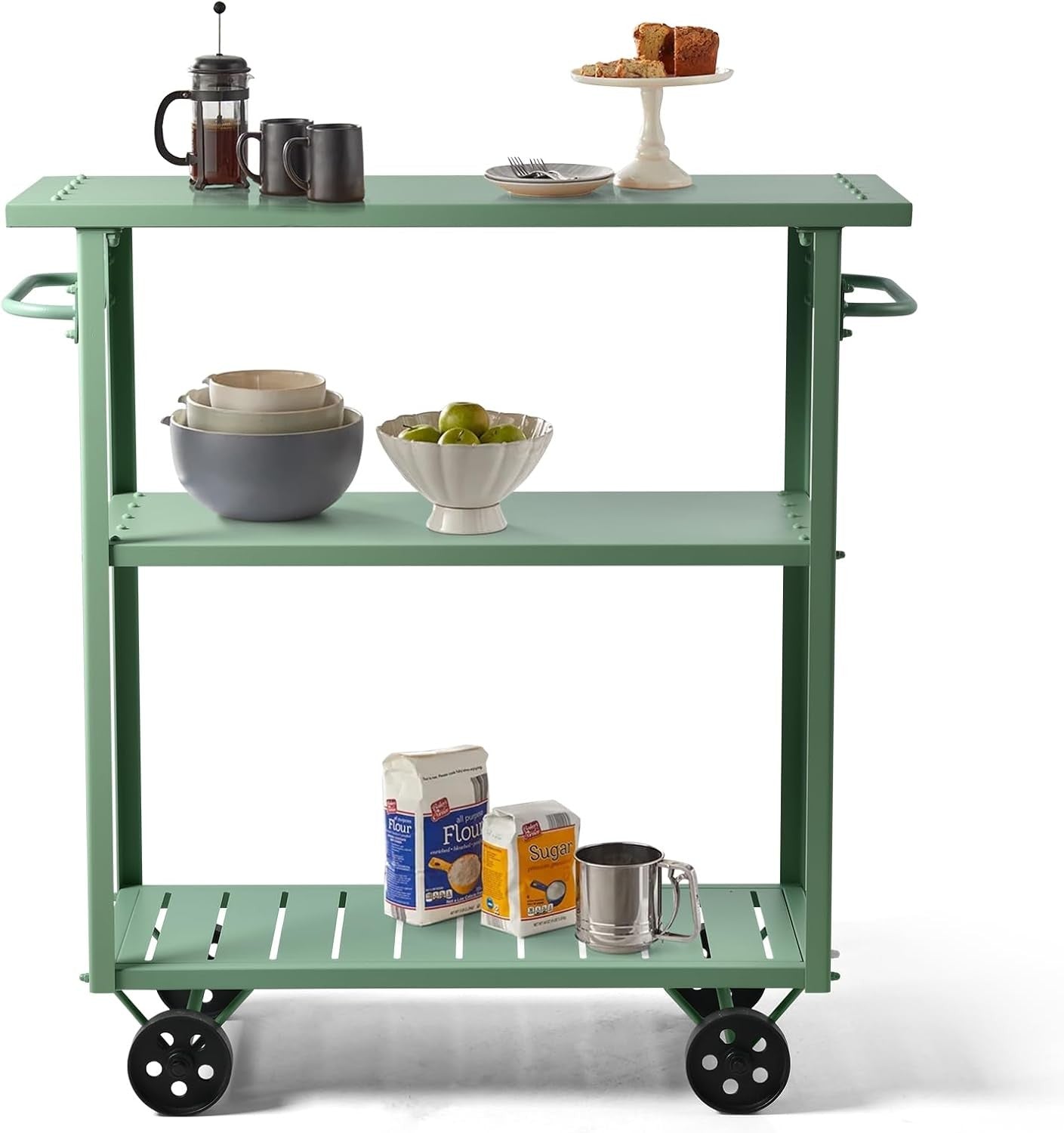 Industrial Bar Cart on Wheels 3 Tier Metal Serving Trolley Handle