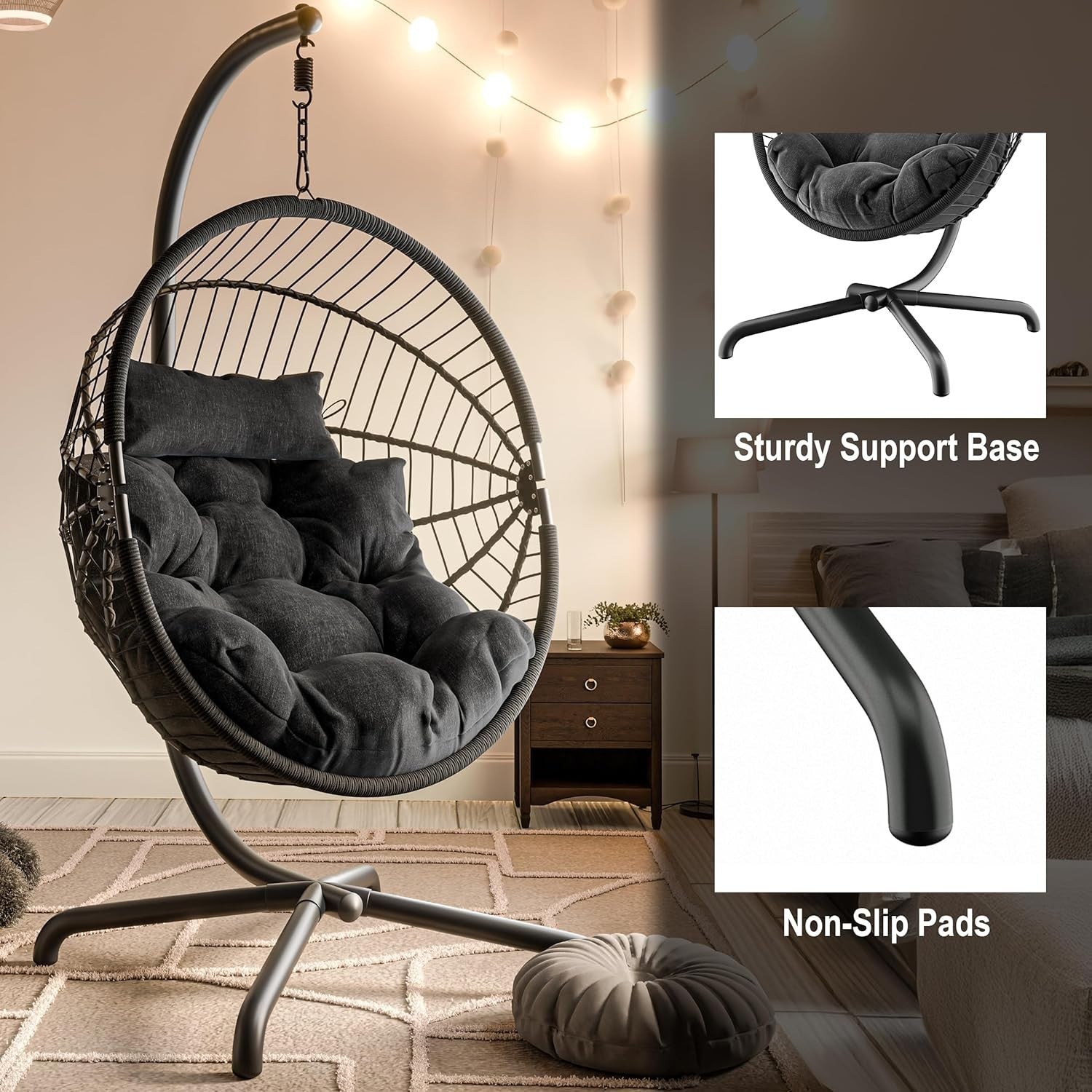 Foldable Rattan Egg Chair with Stand Outdoor Indoor Swing with Cushion