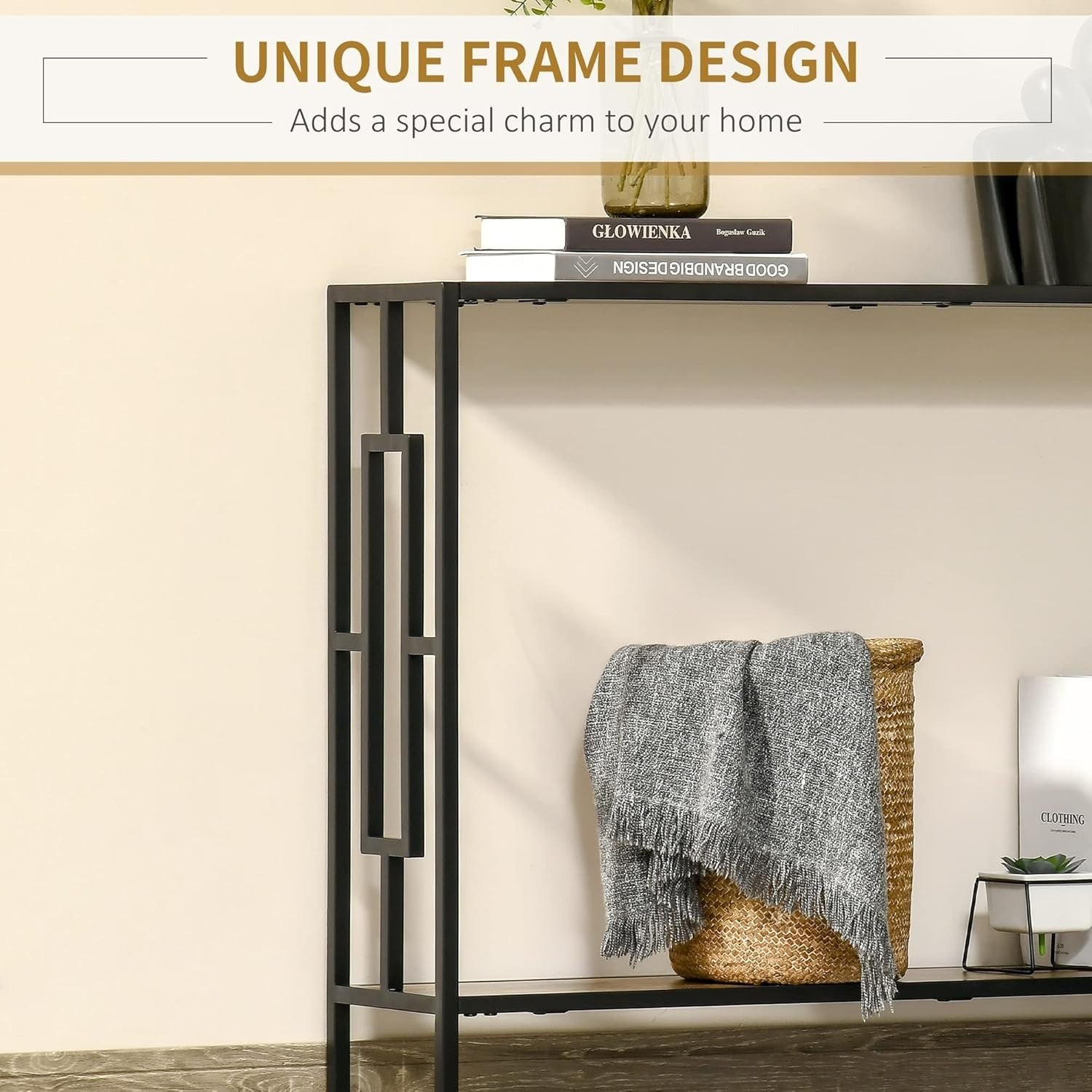 Industrial Console Table with Shelf Metal Frame | Slim Desk for Hallway