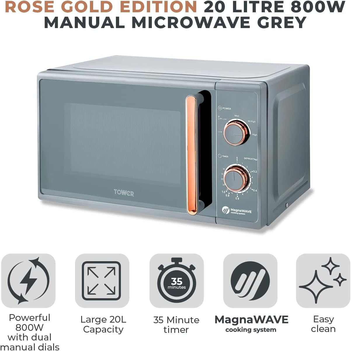 Grey & Rose Gold 20L Manual Microwave 800W 5 Power Levels 35 Min Timer
