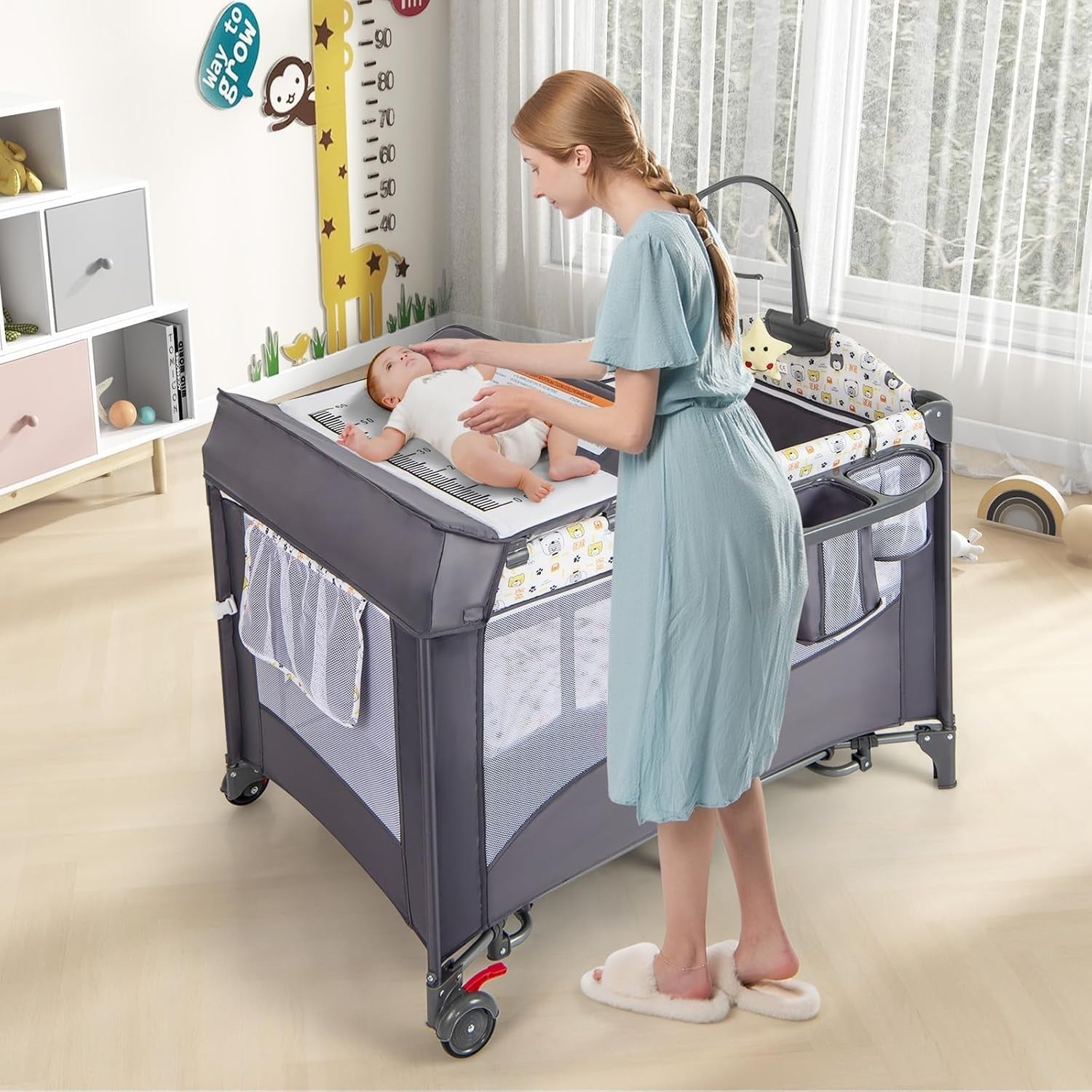 5in1 Travel Cot Baby Bedside Foldable Crib Bassinet Portable Playard White Grey