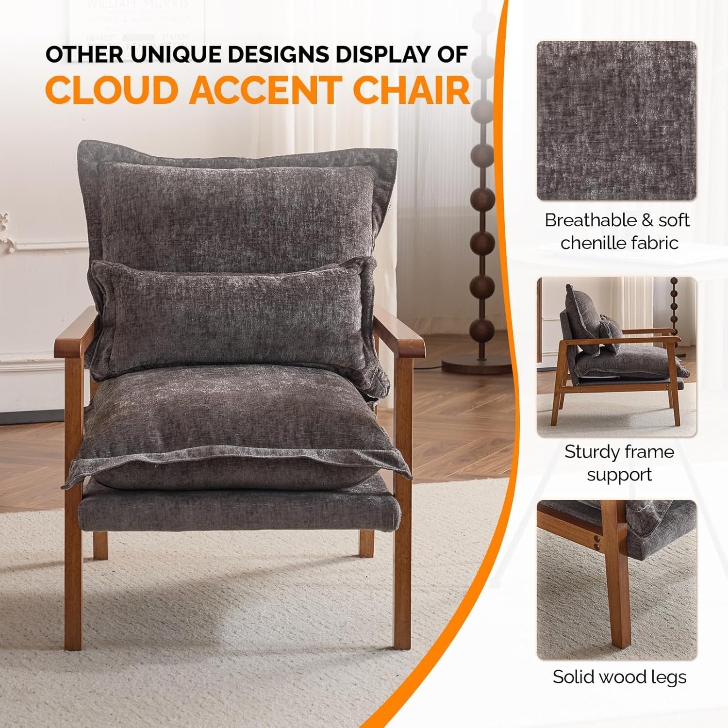 Mid-Century Modern Wooden Armchair with Cushioned Seat & Lumbar Pillow Grey