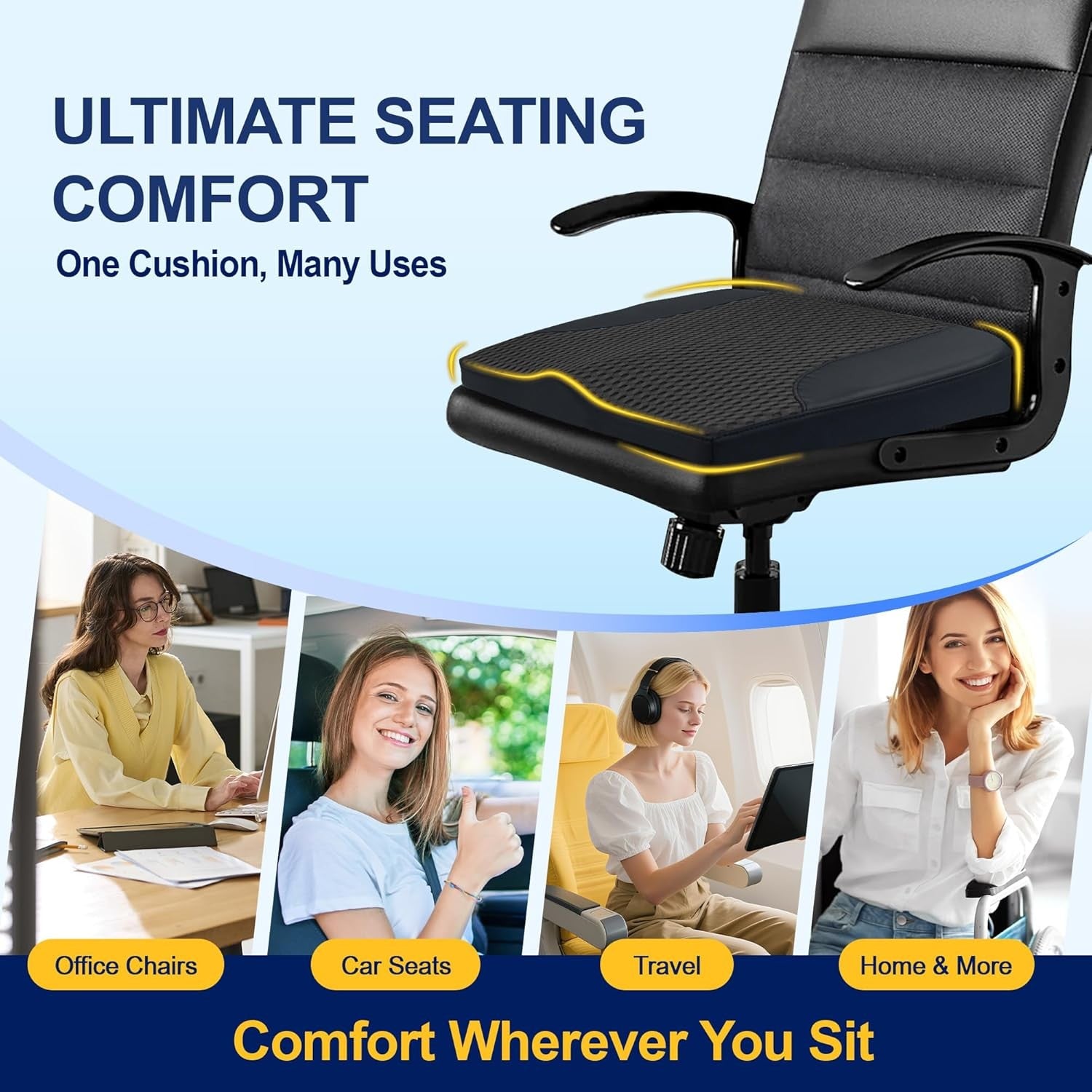 Memory Foam Car Seat Cushion Height Booster Back Pain Relief Office Driving