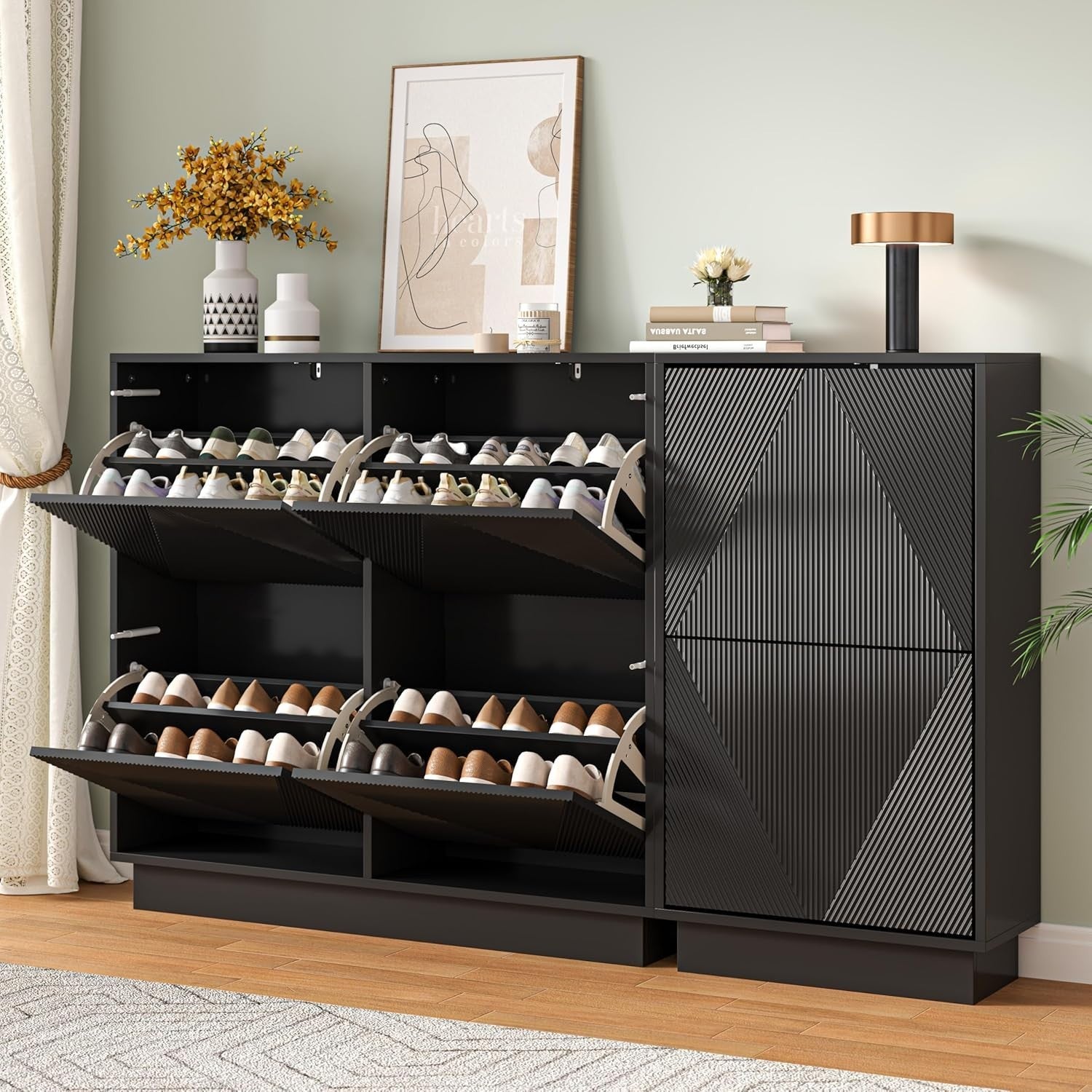 Slim Black Shoe Cabinet | 4 Flip Drawers, Anti-Tip, 99cm Wide Storage Unit