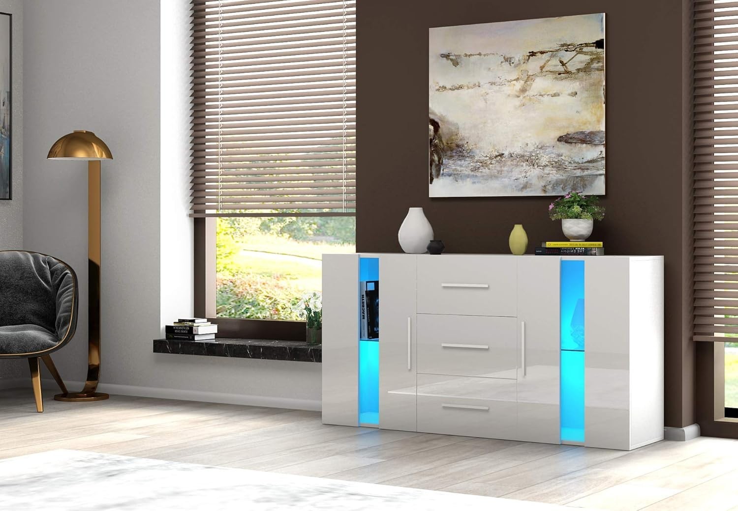 RGB LED Sideboard Cabinet Cupboard Storage Unit 2 Door 3 Drawer White