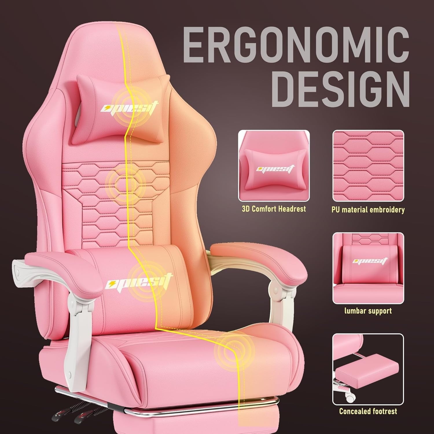 Ergonomic Gaming Chair with Footrest Reclining Pink Swivel
