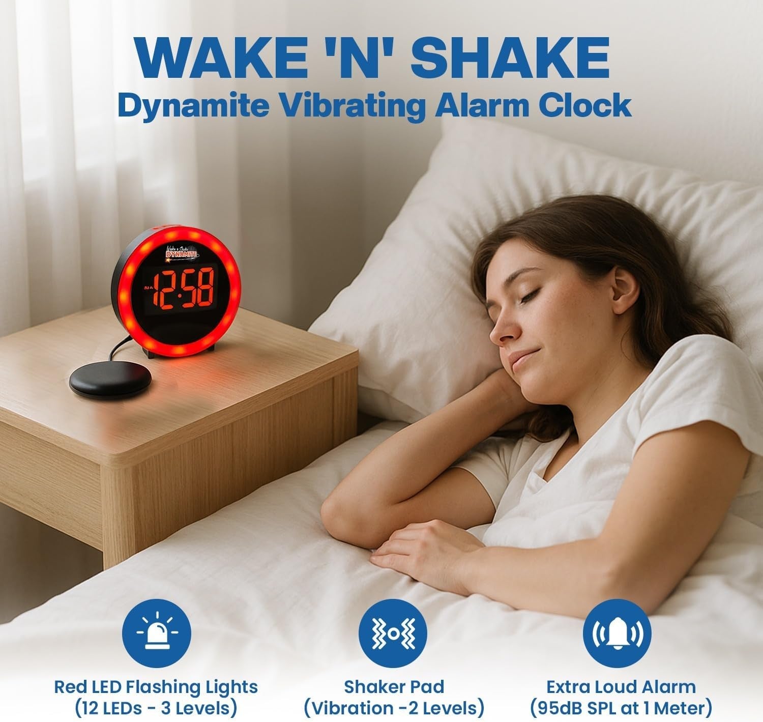Black Extra Loud Vibrating Alarm Clock Bed Shaker Flashing Light USB