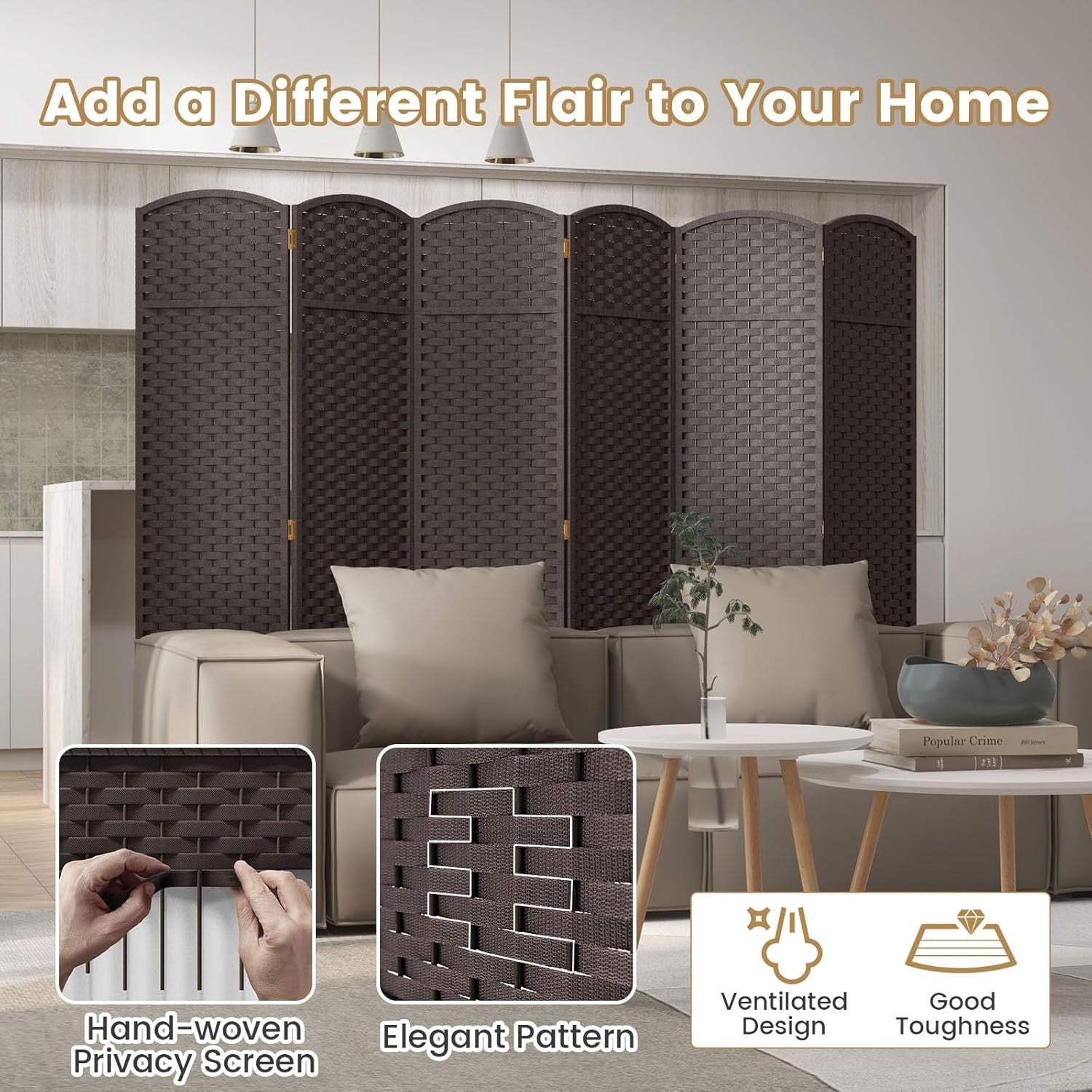 6 Panel Brown Wicker Folding Room Divider Privacy Screen 240x170cm