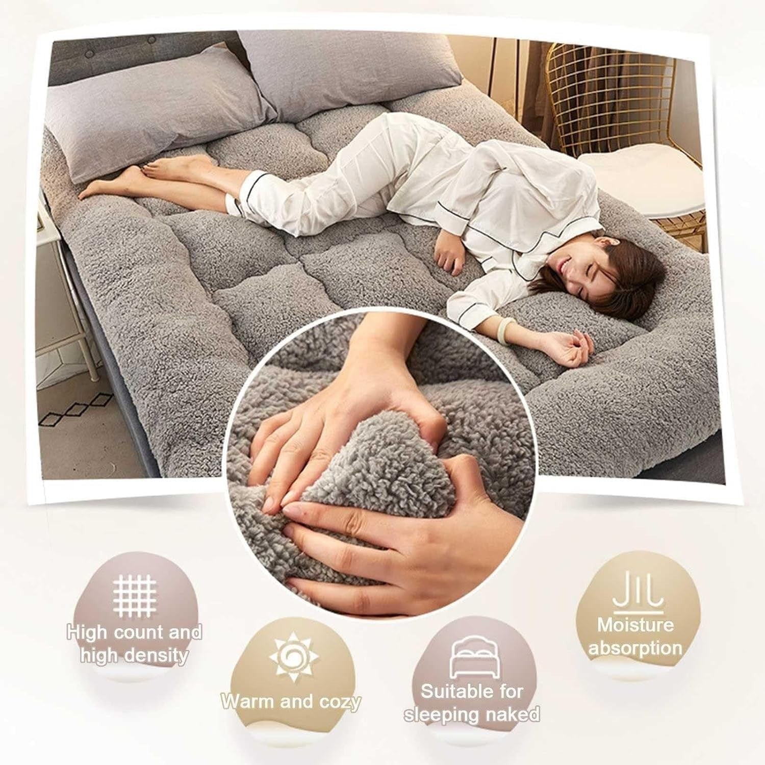 Extra Thick Shaggy Floor Mattress Queen Size Roll Up Bed Futon Pad Grey - Queen