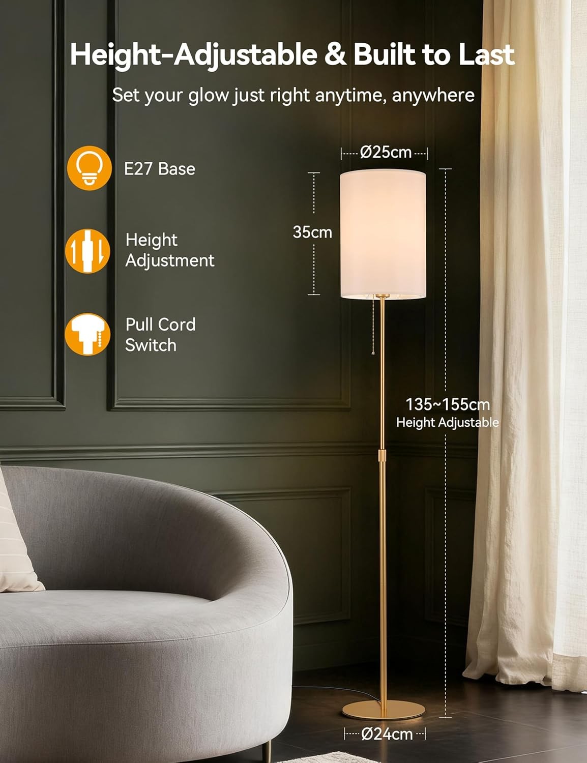 Gold Floor Lamp Adjustable Height Fabric Shade Pull Chain E27 Tall Light