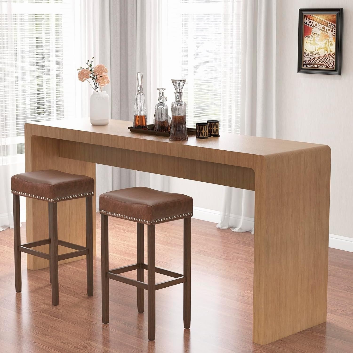 Brown Saddle Bar Stools Set of 2 – Solid Wood Counter Chairs