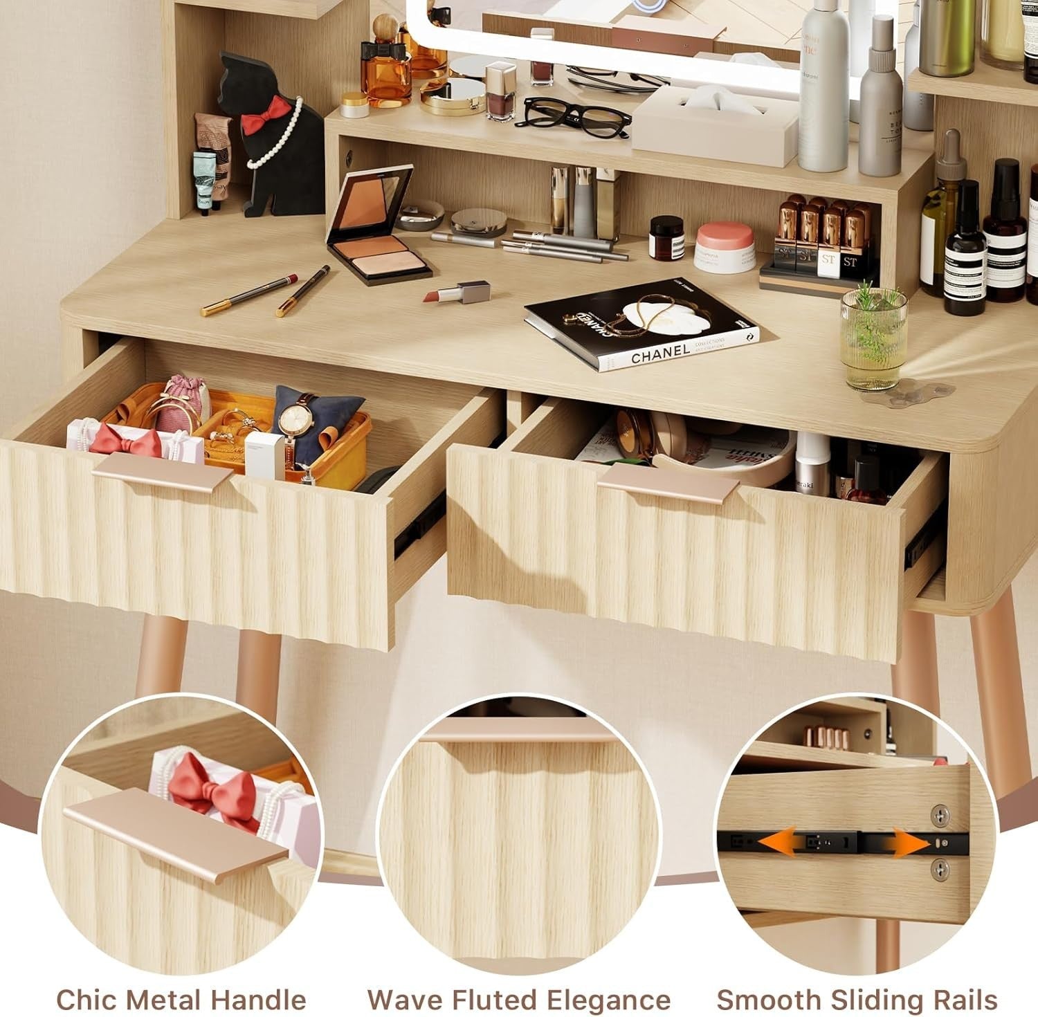 Vanity Makeup Dressing Table Desk w/ 3-Color LED Lights Mirror Storage Oak