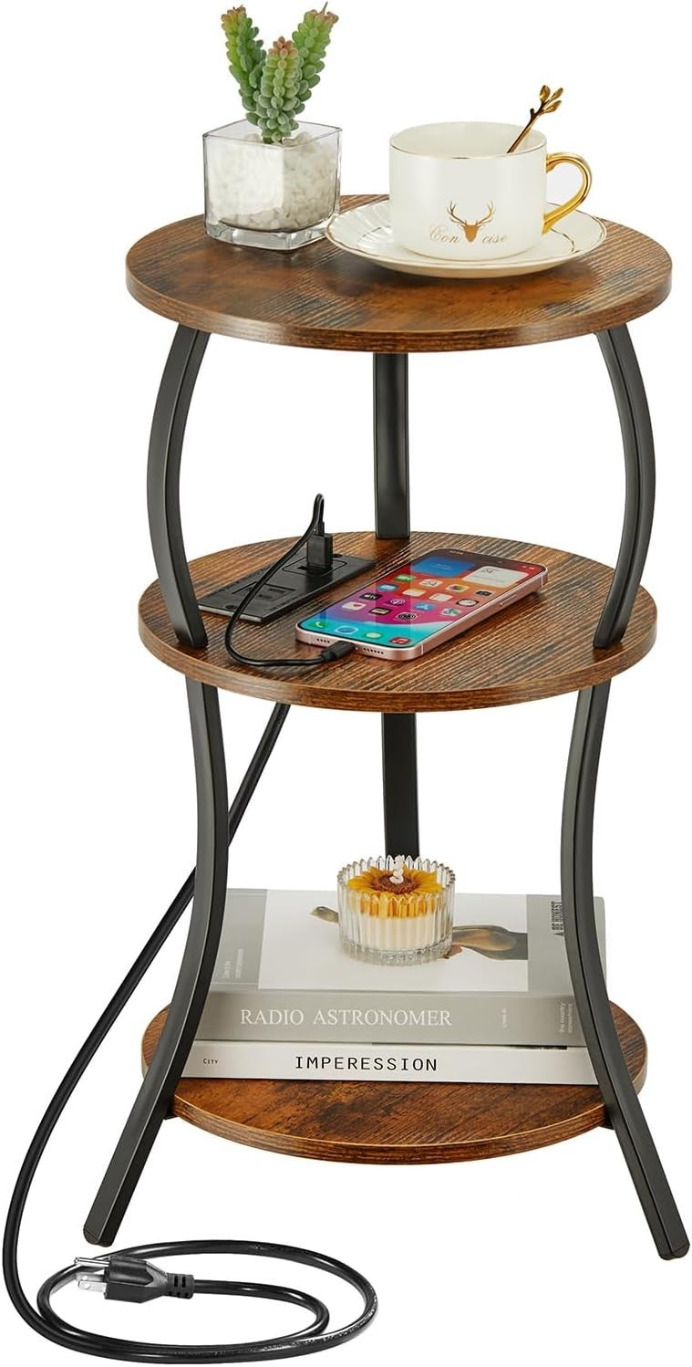 Brown 3-Tier Round Side Table 30x30x55 cm | Slim End Table w/ USB & Storage