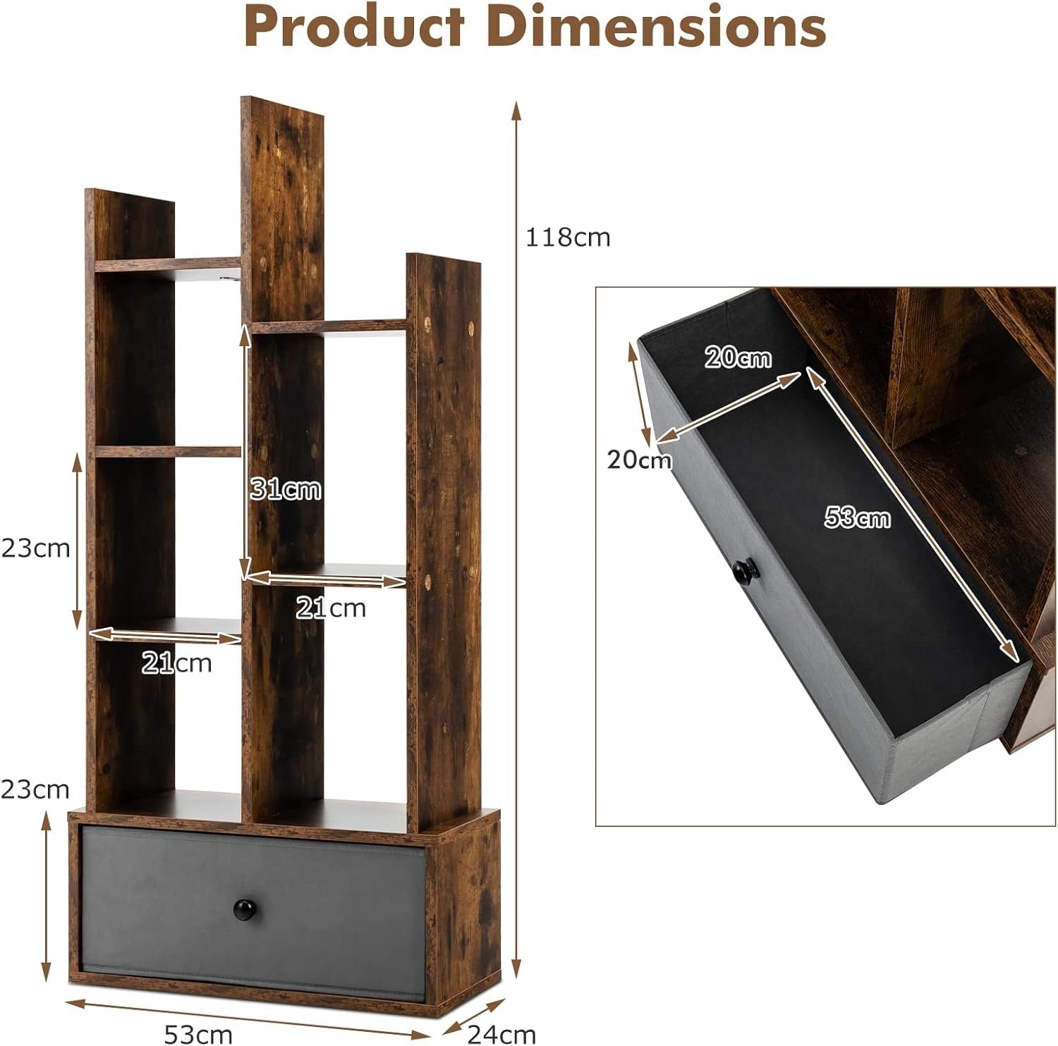 Rustic Brown Tree-Shaped Bookcase Tall 7 Cube Storage Shelf with Drawer