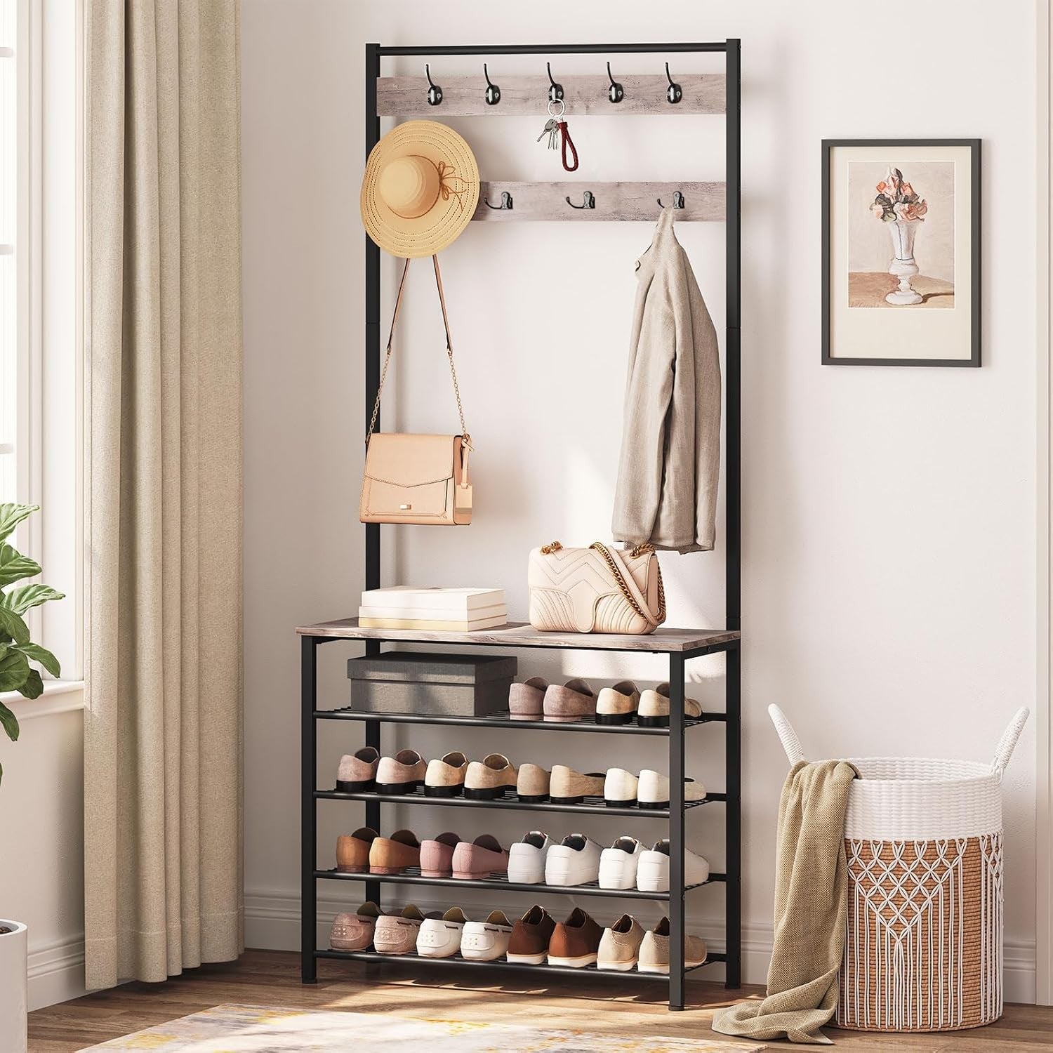 Greige Coat Rack with Shoe Bench & 9 Hooks | Industrial Hall Tree Organizer for