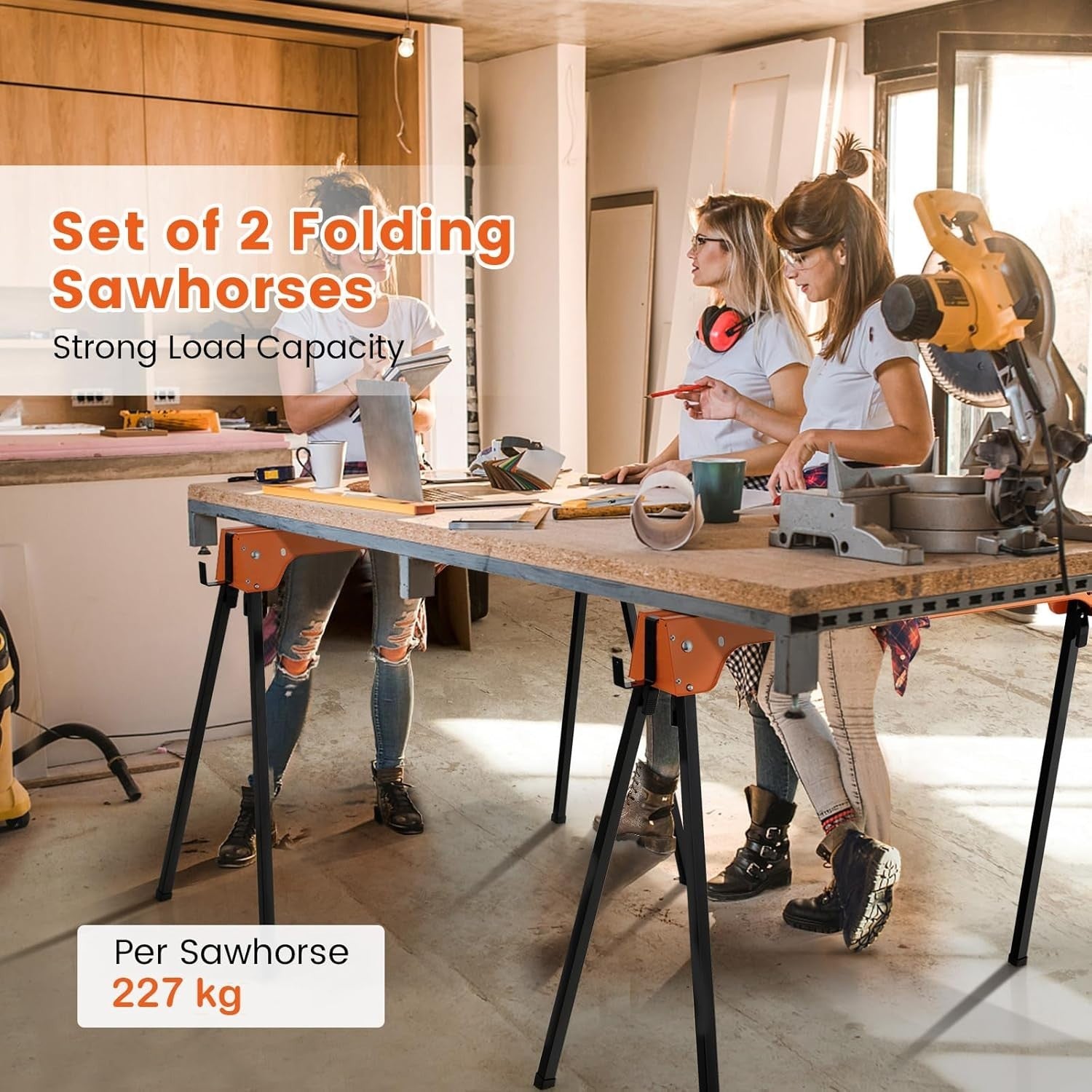 Heavy Duty Folding Saw Horses Pair 227kg Each Steel Trestles w/ Support Arms