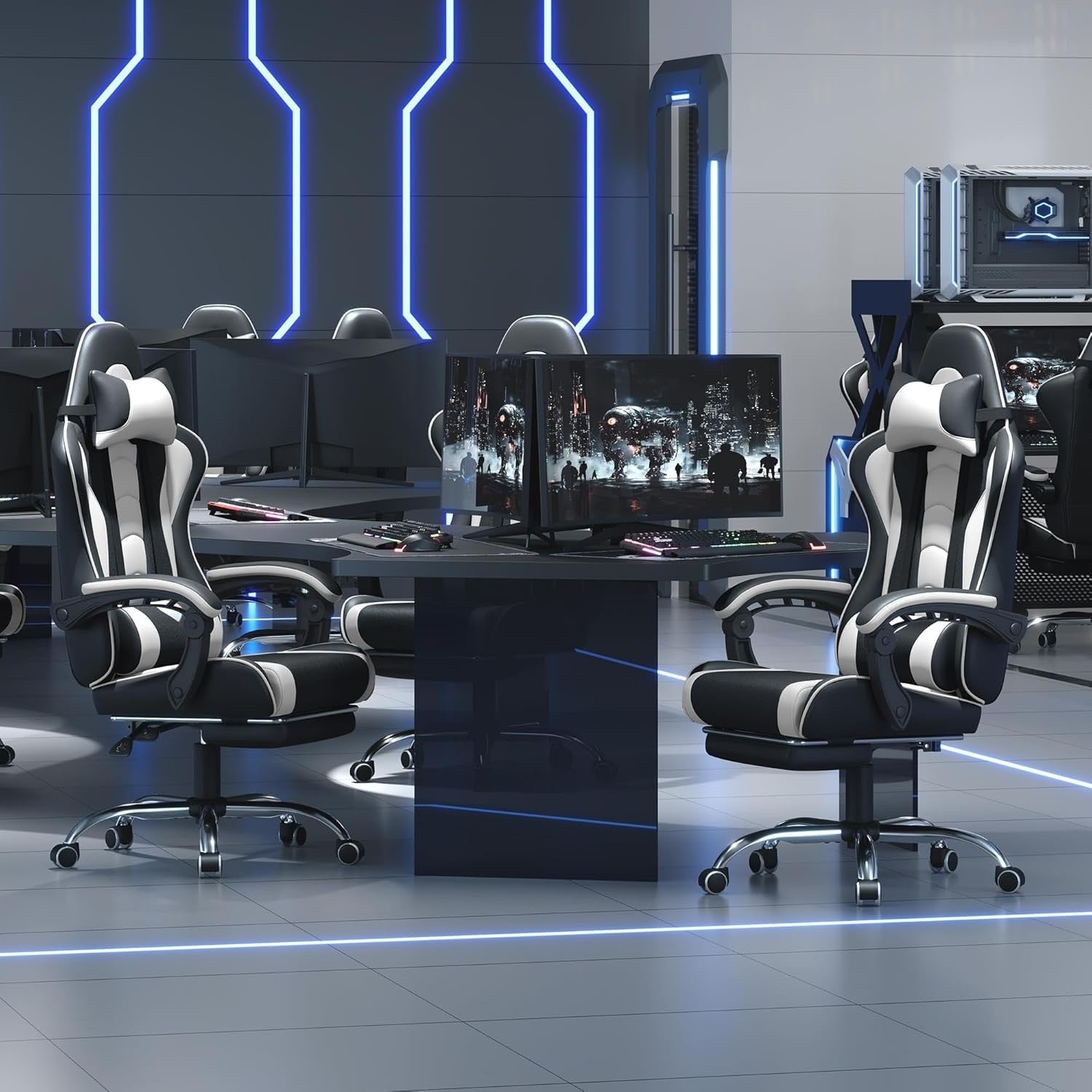 Gaming Chair Office Desk Large PU Leather Recliner w/ Footrest Lumbar Massage