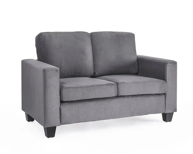 2 Seater Grey Velvet Sofa | Compact Couch in a Box w/ Foam Seat & Wood Legs