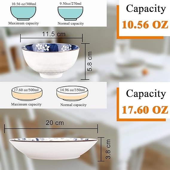 Blue White Porcelain Dinner Set Plates Bowls 6pc Japanese Style Crockery