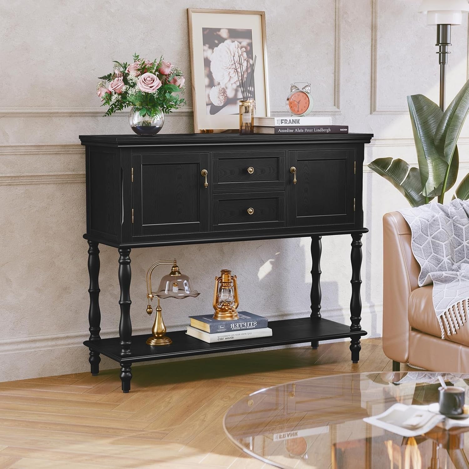 Vintage Black Console Table with Drawers & Storage - Retro Hallway & Living Room