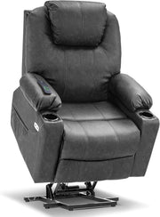 Grey Riser Recliner Chair Lift Assist Heated Massage USB Faux Leather
