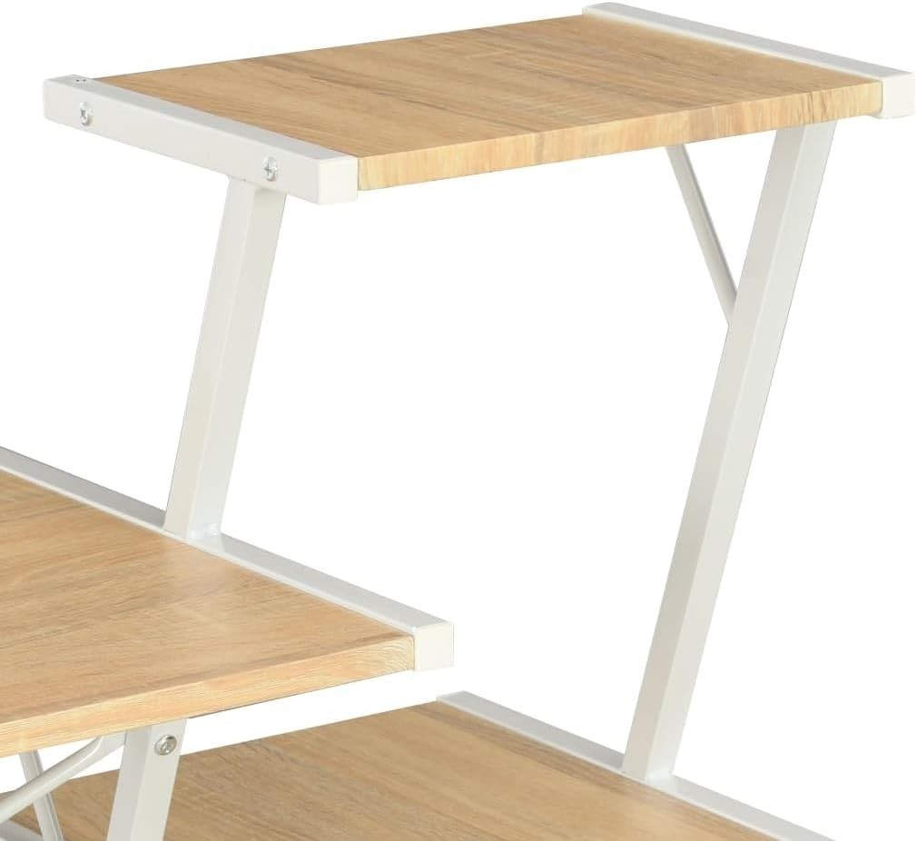 White Brown Z-Shaped Computer Desk 116cm with 3 Tier Shelves