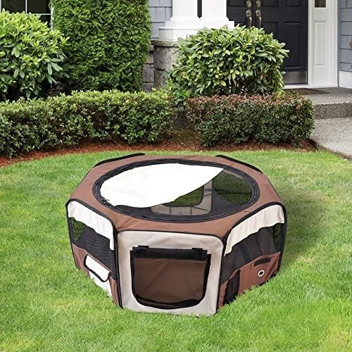 Foldable Pet Playpen with Carry Bag, Portable Puppy Tent Indoor Outdoor Brown