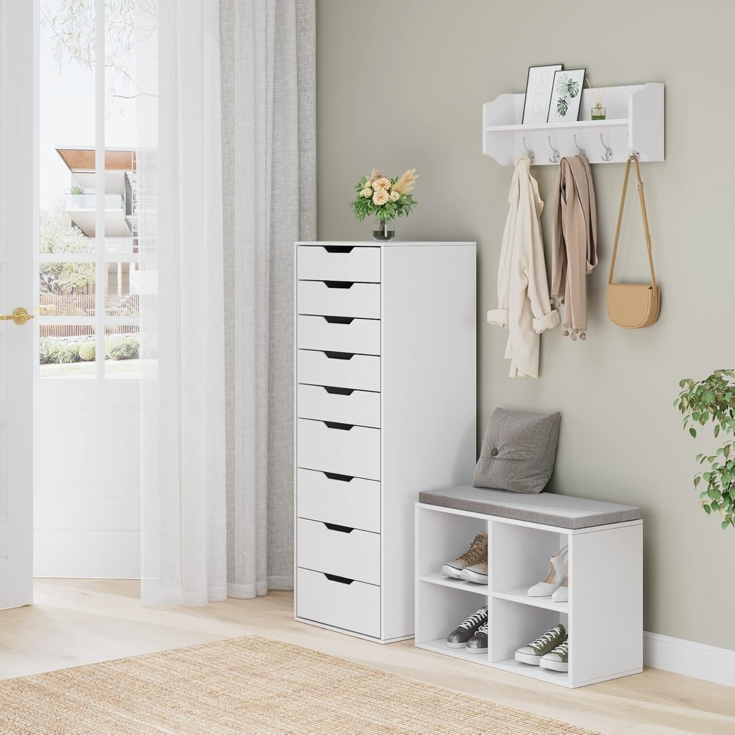 9 Drawer White Tall Storage Cabinet Chest Freestanding Dresser 124x45x40cm