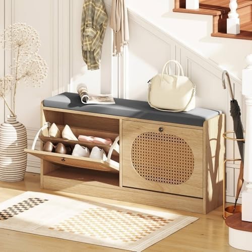 Rattan Shoe Bench with Cushion 2-Door Storage Cabinet Adjustable Shelves Unit