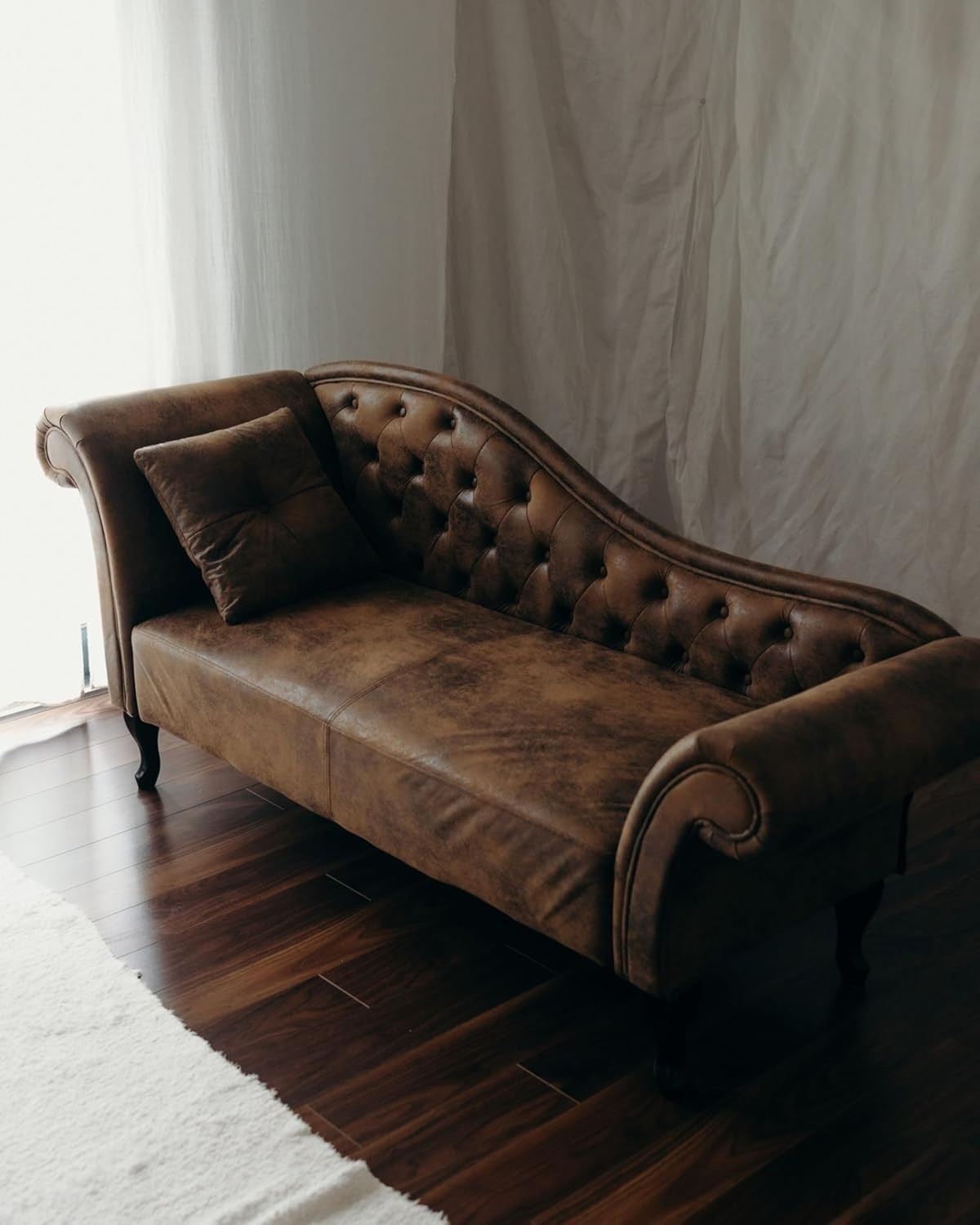 Vintage Chaise Lounge Brown Faux Suede Left-Hand Tufted Sofa 188cm
