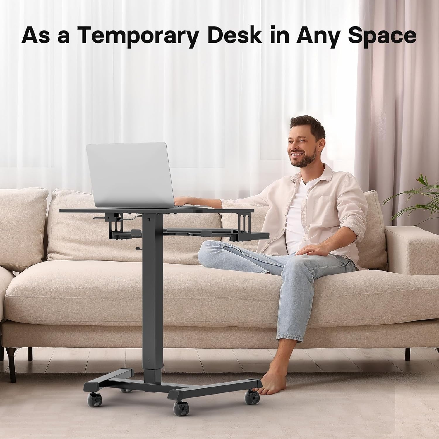 Height Adjustable Mobile Standing Desk on Wheels Laptop Workstation Black