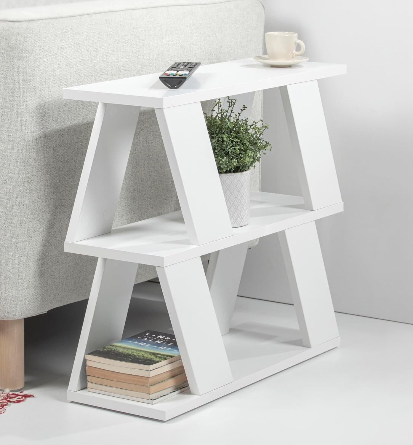 White Slim Side Table with Storage | 2 Tier Narrow Shelf Unit 60cm