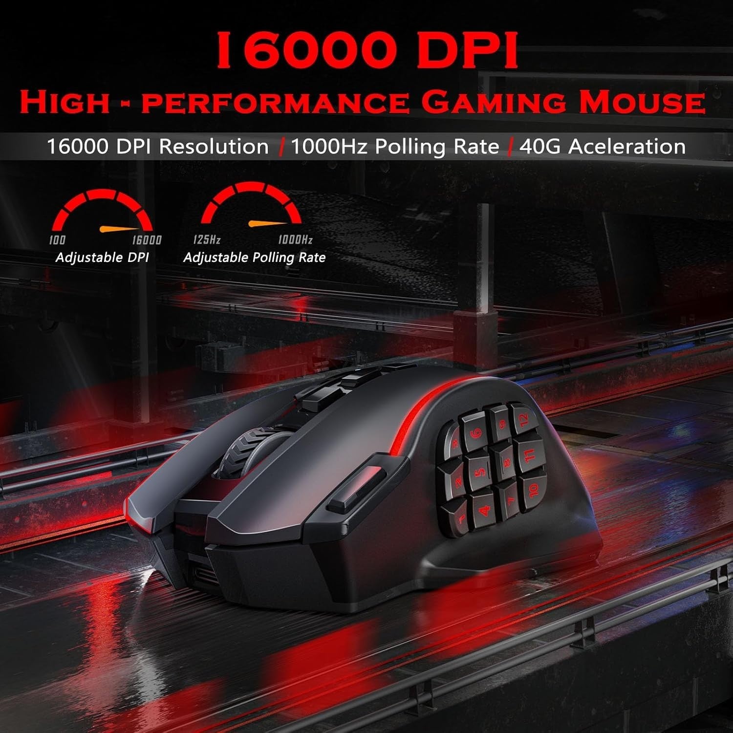 Wireless MMO Gaming Mouse 16000 DPI 16 Buttons RGB Rechargeable