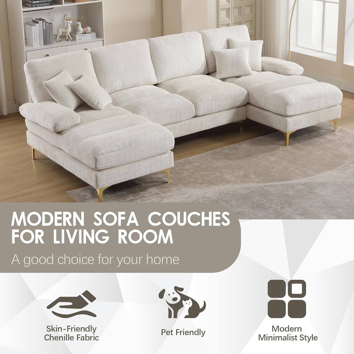 4 Seater U-Shaped Sofa Beige Chenille Sectional with Double Chaise & 4 Pillows