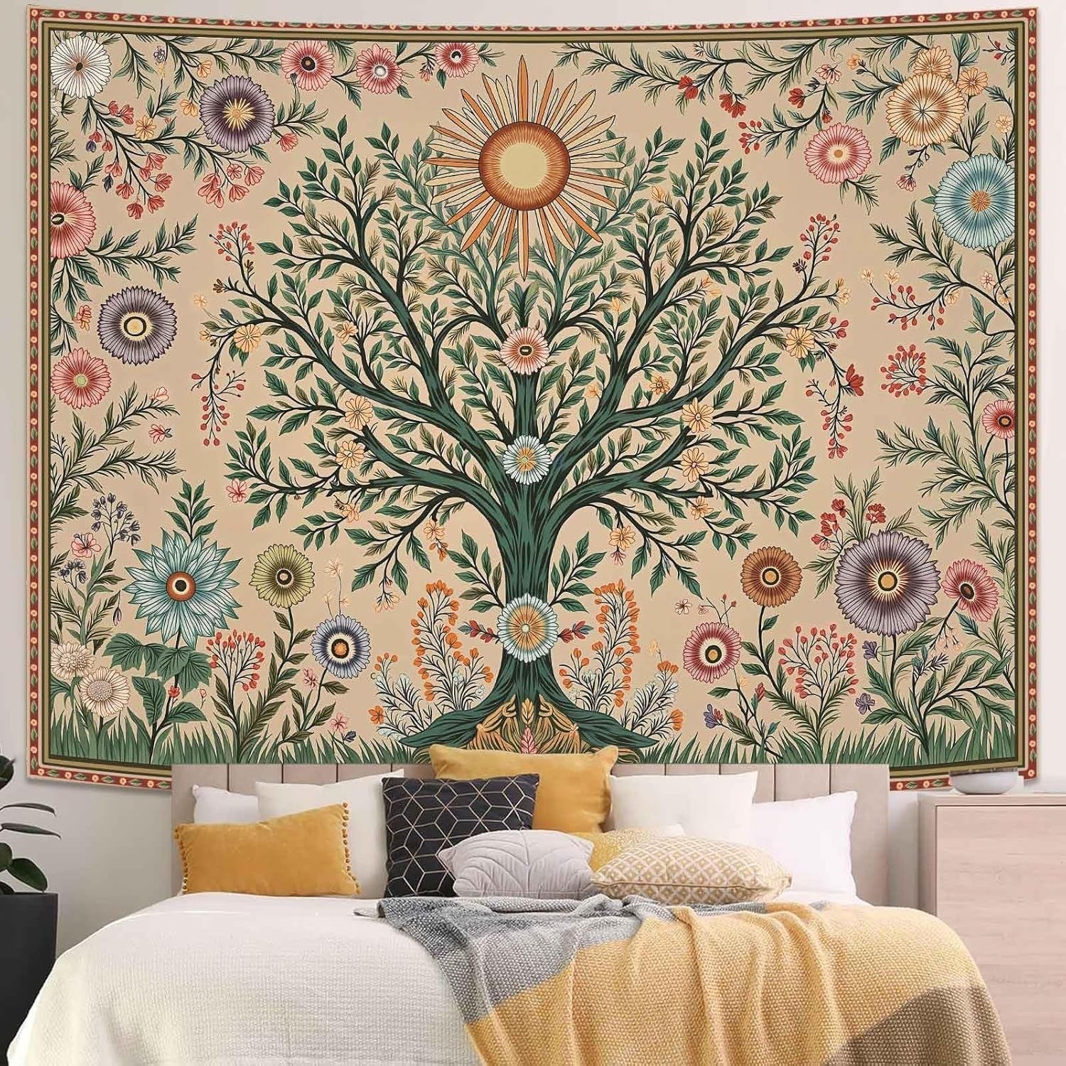 Chakra Tree of Life Tapestry Sun & Floral Boho 44x60