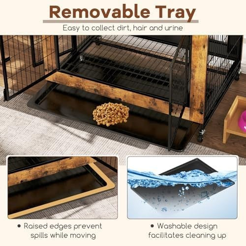 Indoor Wooden Dog Crate on Wheels with Pull-Out Tray & 3 Doors, Small/Medium