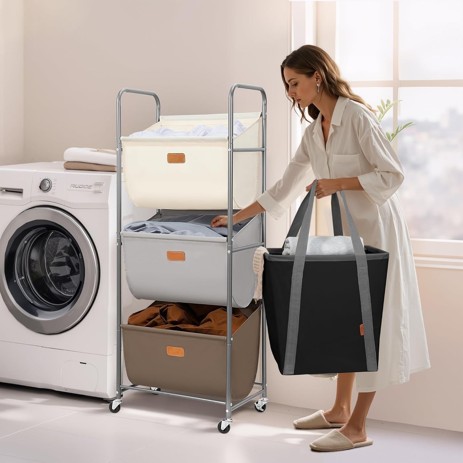 3 Tier Vertical Rolling Laundry Hamper 120L Removable Bags Space Saving Cart