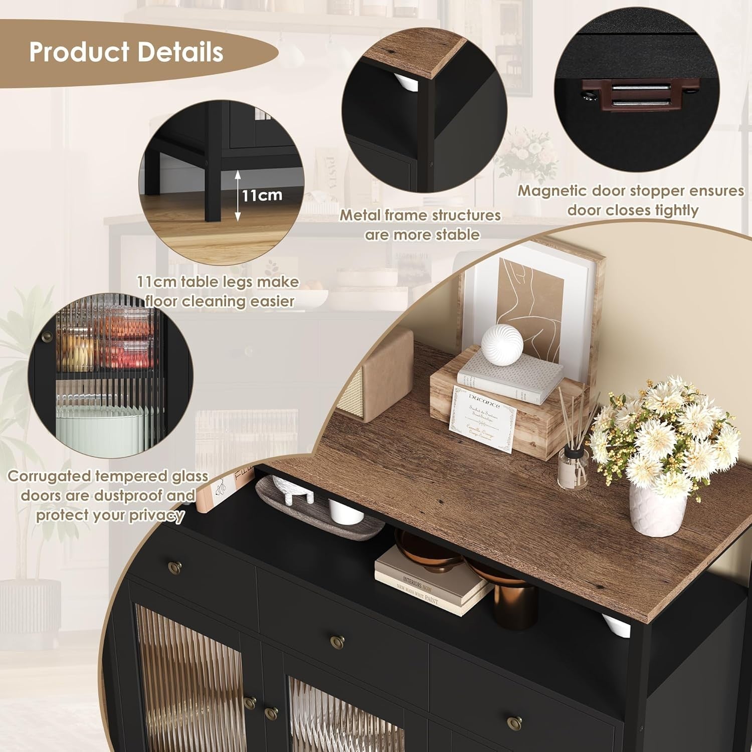 108cm Black Sideboard Cabinet 3 Glass Doors 3 Drawers Adjustable Shelves