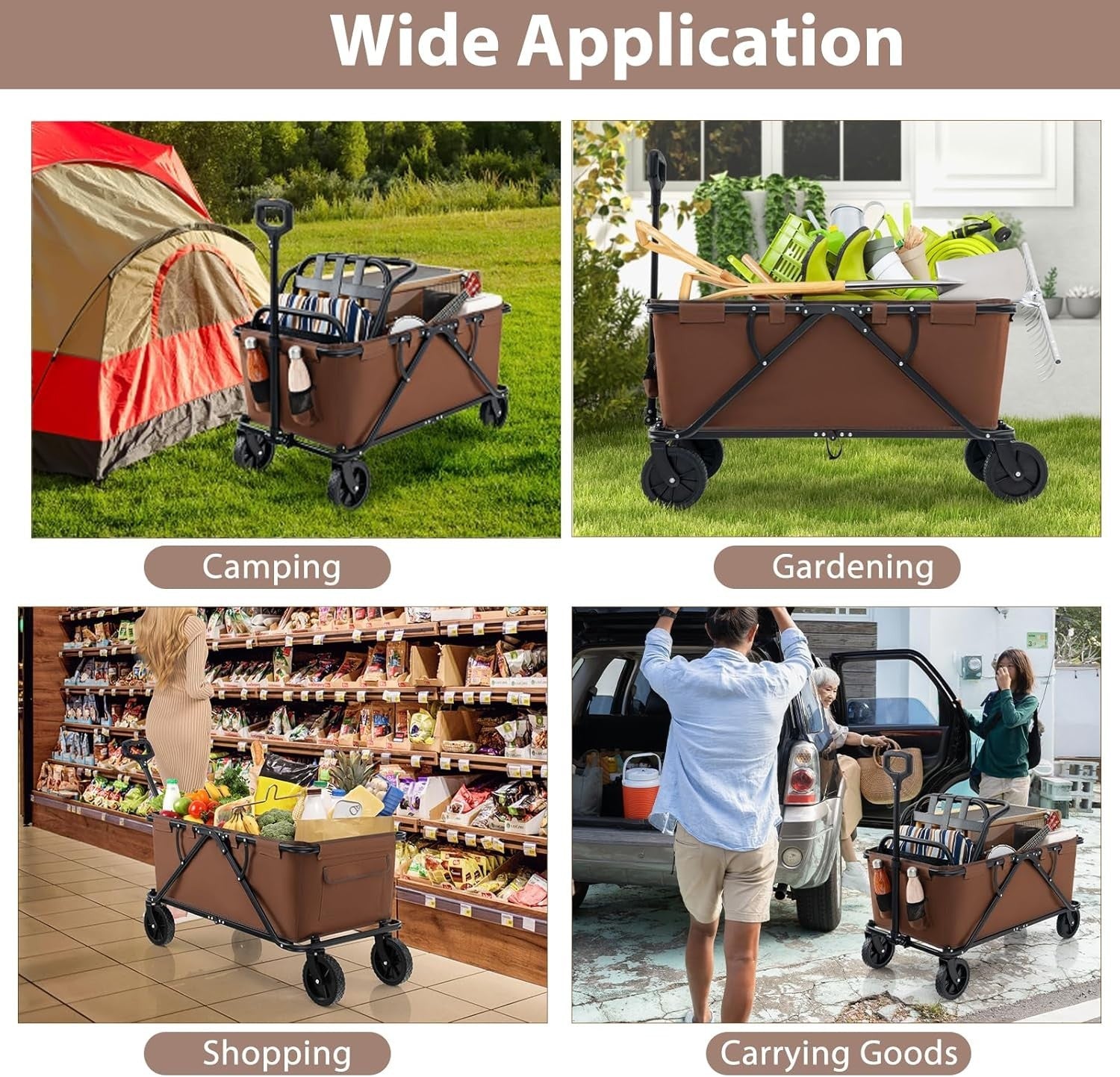 Brown Folding Garden Trolley Cart 170L Collapsible Wagon w/ Adjustable Handle