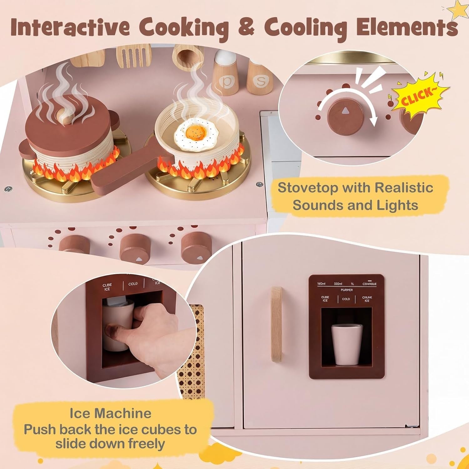 Kids Wooden Play Kitchen w/ Lights Sounds Ice Maker Coffee Pink